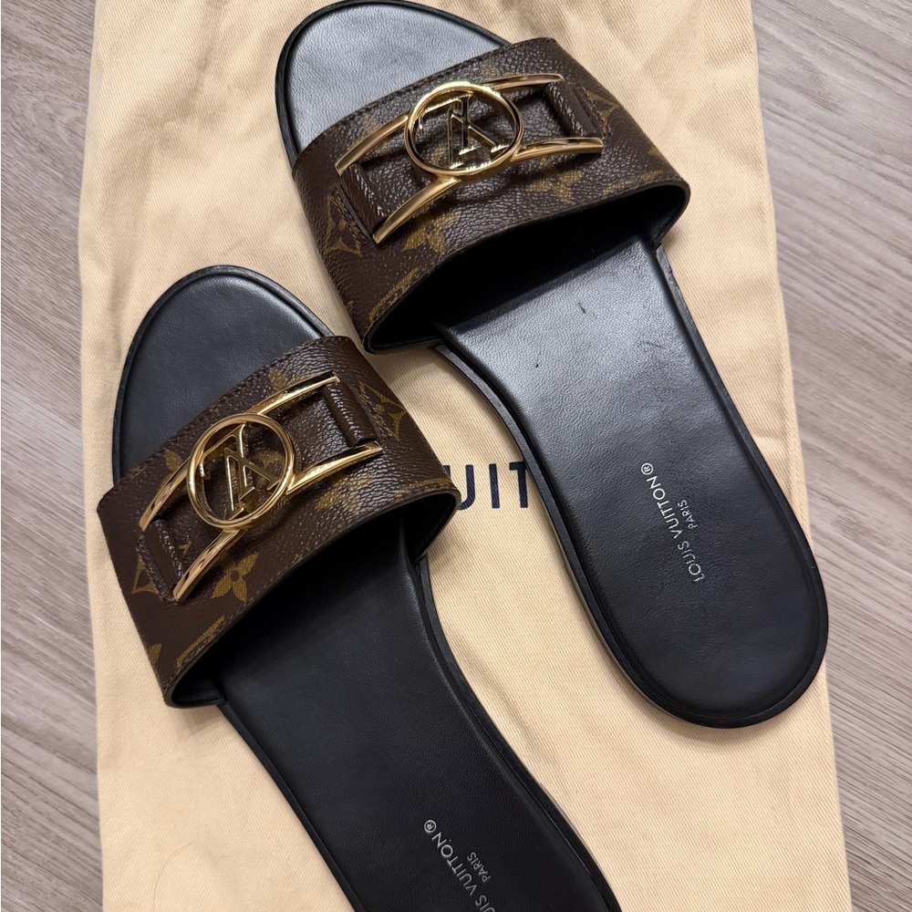 Louis Vuitton Monogram Slide Sandals with Gold LV Buckle WOMEN’s Size 39.5